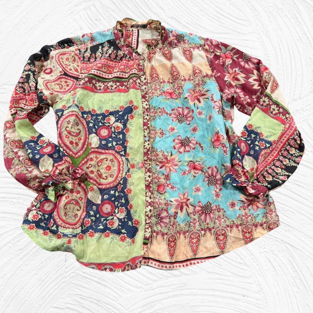 Johnny Was THENA AMABEL Blouse 100% Silk Large Boho Floral Kaleidoscope Scarf